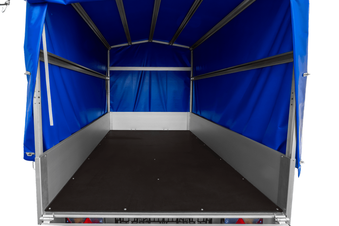 Przyczepka samochodowa z burtami aluminiowymi 230x125 Unitrailer Garden 230 KIPP ALU ze stelażem H1100 i pokrowcem niebieskim