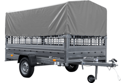 Przyczepka samochodowa na resorach 264x150 UNITRAILER GARDEN 265/R KIPP z burtami siatkowymi, stelażem H-800 i pokrowcem szarym