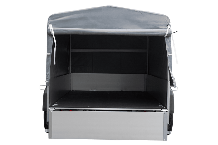Przyczepka jednoosiowa na resorach z burtami aluminiowymi 230x125 Unitrailer Garden 230/R KIPP ALU ze stelażem H-800 i pokrowcem szarym