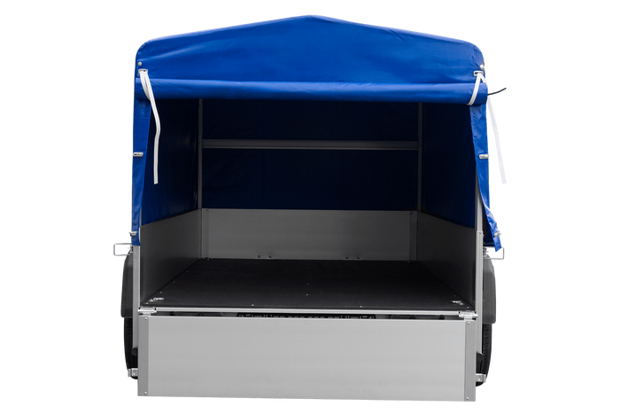 Przyczepka jednoosiowa na resorach z burtami aluminiowymi 230x125 Unitrailer Garden 230/R KIPP ALU ze stelażem H-800 i pokrowcem niebieskim