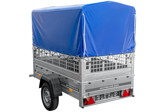 Przyczepka lekka 200x106 UNITRAILER GARDEN 200 KIPP z burtami siatkowymi, stelażem H-800 i pokrowcem niebieskim