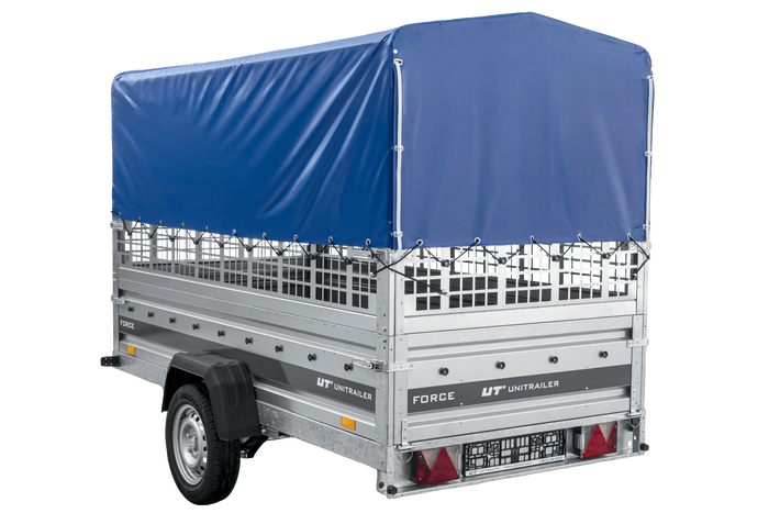 Przyczepka samochodowa na resorach 264x125 UNITRAILER FORCE 264/R KIPP z burtami siatkowymi, stelażem H-800 i pokrowcem niebieskim