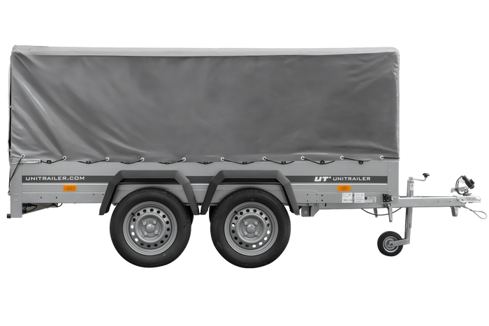 Przyczepka dwuosiowa 264x125 UNITRAILER GARDEN 264/2 KIPP ze stelażem H-800 i pokrowcem szarym