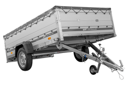 Przyczepka jednoosiowa z burtami aluminiowymi 264x150 Unitrailer Garden 265 KIPP ALU z burtami BIS, stelażem H-0 i pokrowcem szarym