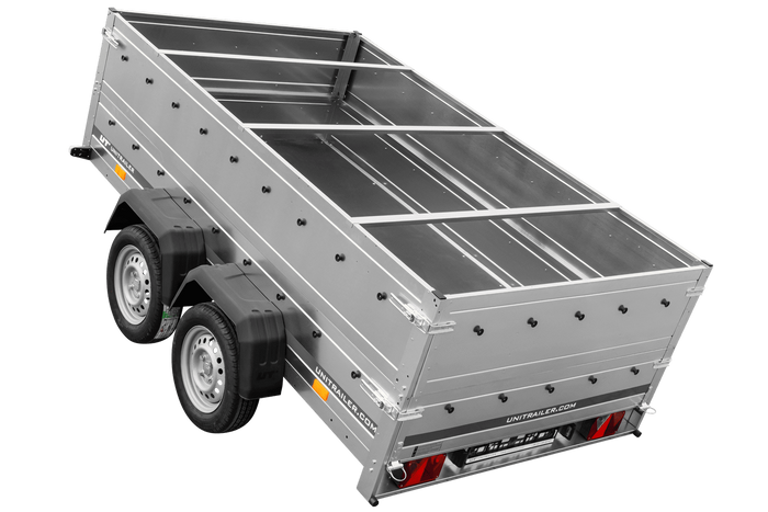 Przyczepka dwuosiowa 264x150 UNITRAILER GARDEN 265/2 KIPP z burtami BIS, stelażem H-0 i pokrowcem szarym