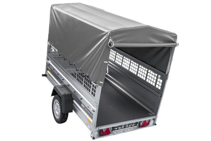 Przyczepka jednoosiowa 230x125 UNITRAILER FORCE 230 KIPP z burtami siatkowymi, stelażem H-800 i pokrowcem szarym