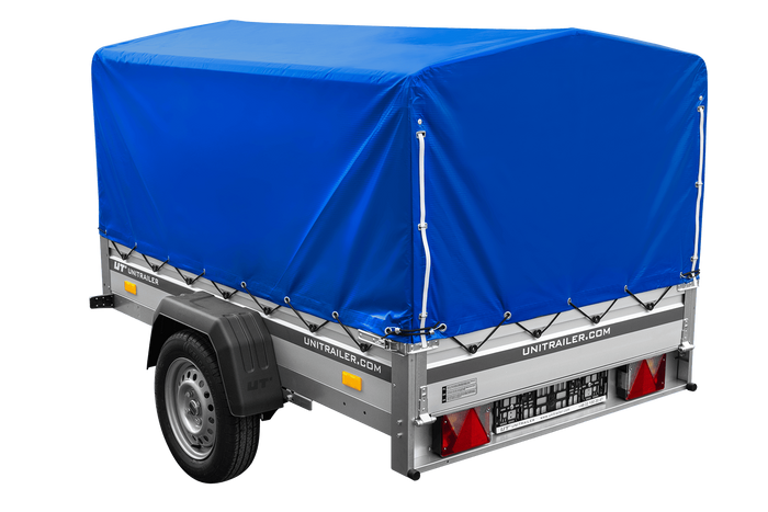 Przyczepka samochodowa na resorach z burtami aluminiowymi 200x125 Unitrailer Garden 201/R KIPP ALU ze stelażem H-800 i pokrowcem niebieskim