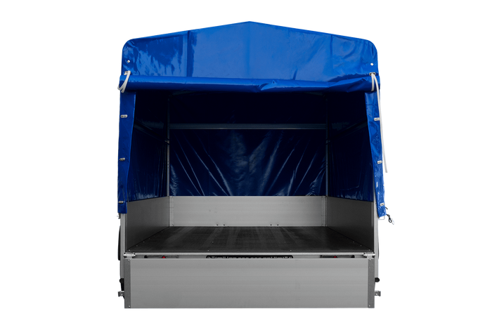Przyczepka samochodowa z burtami aluminiowymi 264x150 Unitrailer Garden 265 KIPP ALU ze stelażem H-1100 i pokrowcem niebieskim