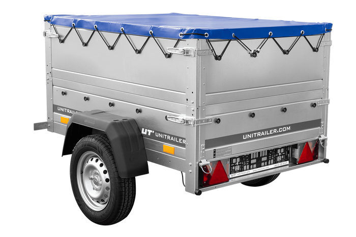 Przyczepka lekka 150x106 UNITRAILER GARDEN 150 KIPP z burtami BIS i pokrowcem niebieskim