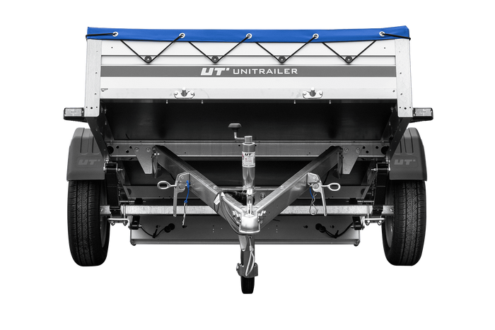 Przyczepka jednoosiowa na resorach z burtami aluminiowymi 200x125 Unitrailer Garden 201/R KIPP ALU ze stelażem H-0 i pokrowcem niebieskim