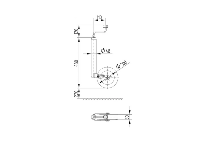Koło podporowe z klemą obejmą KNOTT TK48+LB48 150kg 48mm 480-700mm