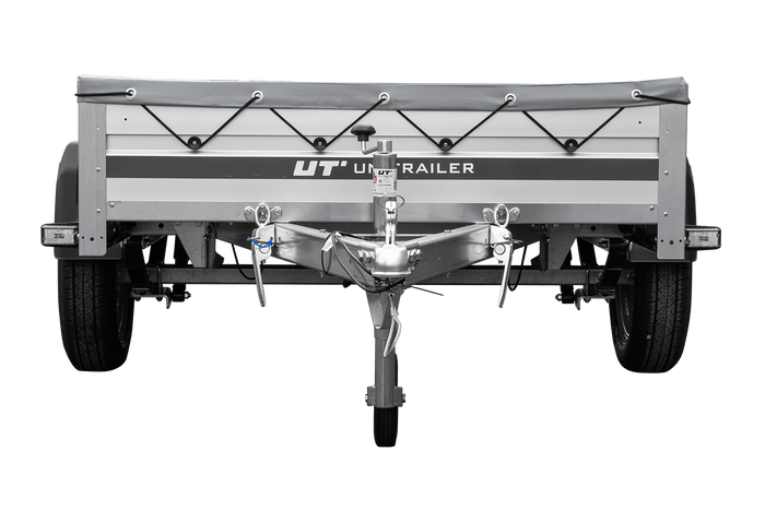 Przyczepka jednoosiowa na resorach z burtami aluminiowymi 200x125 Unitrailer Garden 201/R KIPP ALU ze stelażem H-0 i pokrowcem szarym