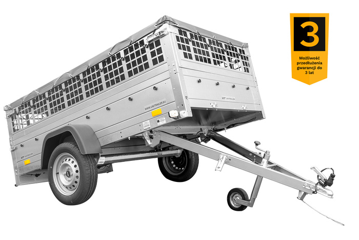 Przyczepka jednoosiowa 230x125 UNITRAILER GARDEN 230 KIPP z burtami siatkowymi, stelażem H-0 i pokrowcem szarym