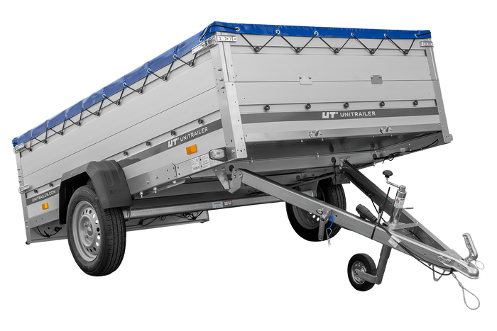 Przyczepka jednoosiowa z burtami aluminiowymi 264x150 Unitrailer Garden 265 KIPP ALU z burtami BIS, stelażem H-0 i pokrowcem niebieskim