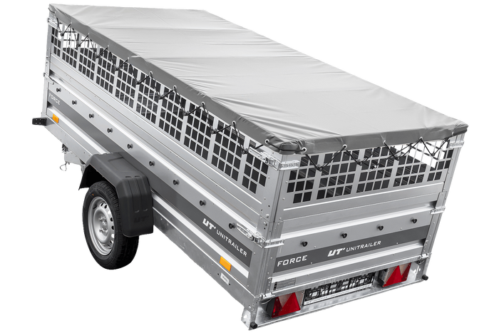 Przyczepka jednoosiowa 264x125 UNITRAILER FORCE 264 KIPP z burtami siatkowymi, stelażem H-0 i pokrowcem szarym