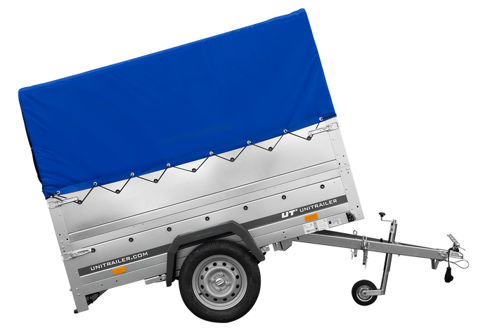 Przyczepka lekka na resorach 200x125 UNITRAILER GARDEN 201/R KIPP z burtami BIS, stelażem H-800 i pokrowcem niebieskim