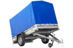 Przyczepka samochodowa z burtami aluminiowymi 230x125 Unitrailer Garden 230 KIPP ALU ze stelażem H1100 i pokrowcem niebieskim