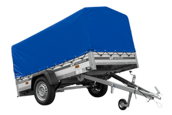 Przyczepka jednoosiowa na resorach z burtami aluminiowymi 230x125 Unitrailer Garden 230/R KIPP ALU ze stelażem H-800 i pokrowcem niebieskim