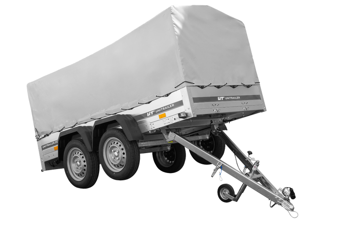 Przyczepka dwuosiowa 264x125 UNITRAILER GARDEN 264/2 KIPP ze stelażem H-800 i pokrowcem szarym