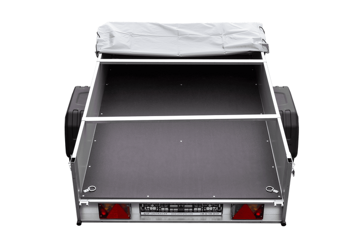 Przyczepka jednoosiowa na resorach z burtami aluminiowymi 200x125 Unitrailer Garden 201/R KIPP ALU ze stelażem H-0 i pokrowcem szarym