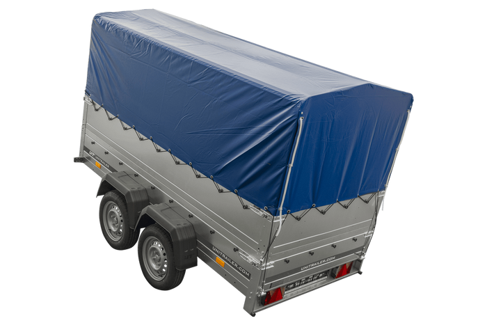 Przyczepka dwuosiowa 264x125 UNITRAILER GARDEN 264/2 KIPP z burtami BIS, stelażem H-800 i pokrowcem niebieskim