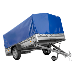 Przyczepka jednoosiowa z burtami aluminiowymi 264x150 Unitrailer Garden 265 KIPP ALU ze stelażem H-800 i pokrowcem niebieskim