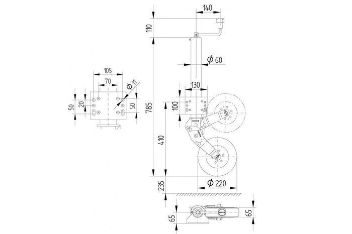 Koło podporowe KNOTT ATK60 wzmocnione z uchwytem 350kg 60mm 785-1020mm
