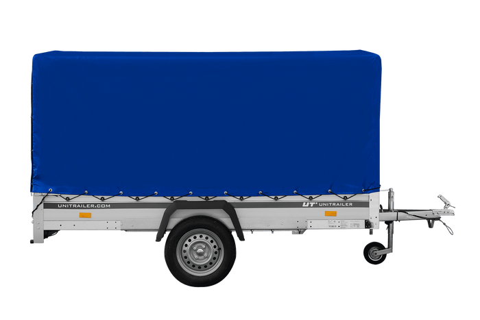 Przyczepka samochodowa z burtami aluminiowymi 264x150 Unitrailer Garden 265 KIPP ALU ze stelażem H-1100 i pokrowcem niebieskim