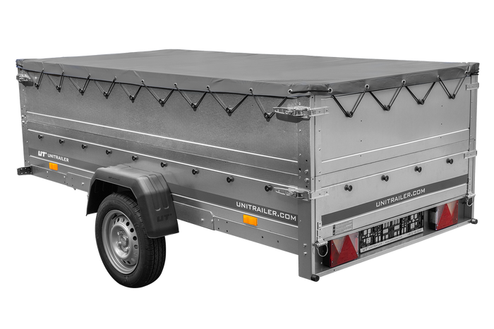 Przyczepka jednoosiowa na resorach 264x125 UNITRAILER GARDEN 264/R KIPP z burtami BIS, stelażem H-0 i plandeką szarą
