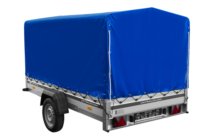 Przyczepka samochodowa z burtami aluminiowymi 264x150 Unitrailer Garden 265 KIPP ALU ze stelażem H-1100 i pokrowcem niebieskim