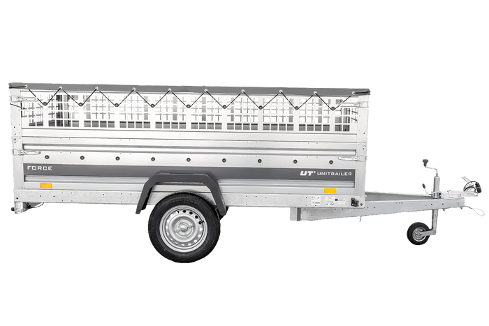 Przyczepka jednoosiowa 264x125 UNITRAILER FORCE 264 KIPP z burtami siatkowymi, stelażem H-0 i pokrowcem szarym