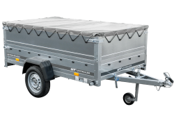 Przyczepka samochodowa na resorach 230x125 UNITRAILER GARDEN 230/R KIPP z burtami BIS, stelażem H-0 i pokrowcem szarym